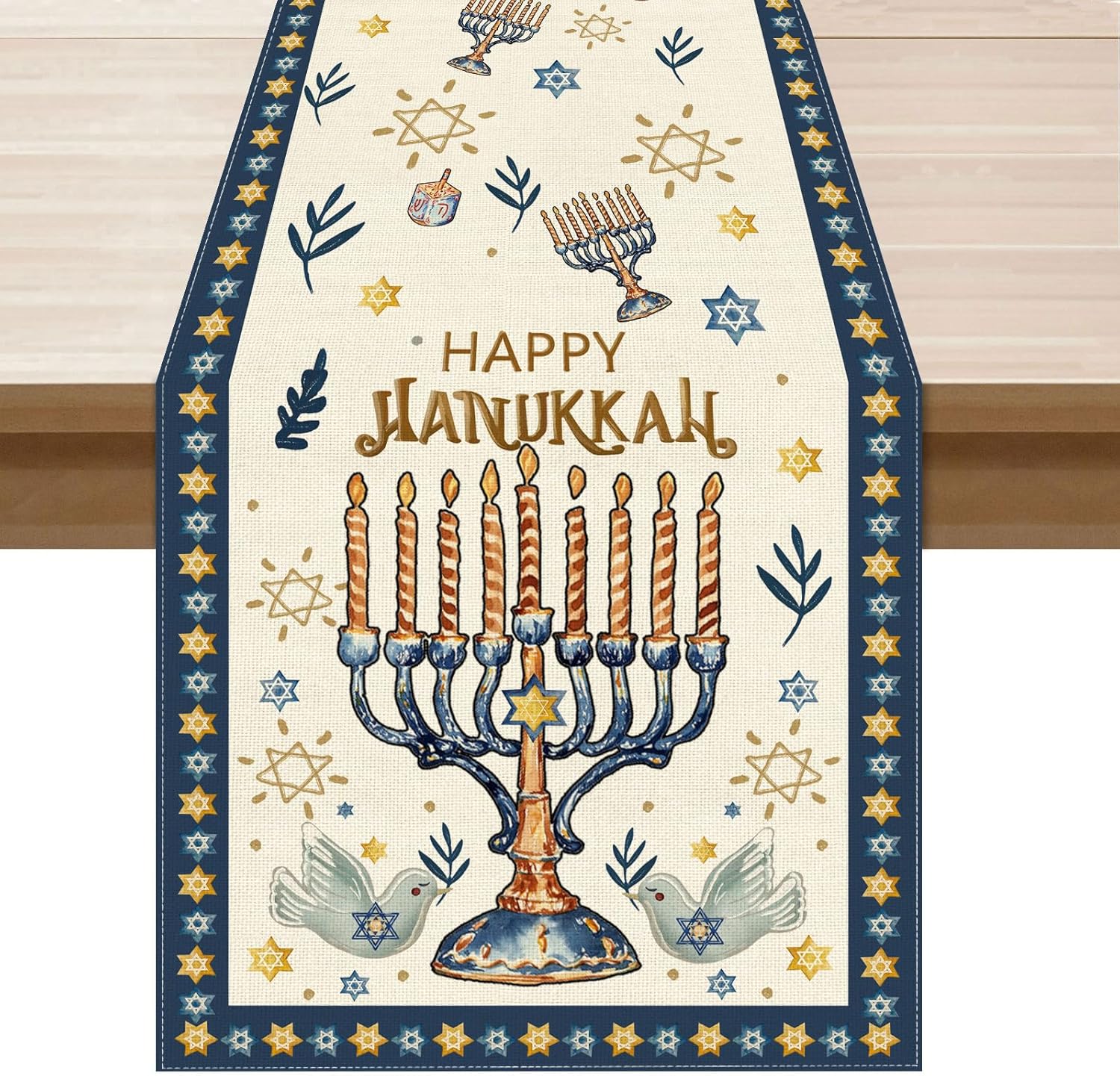 Linen Table Runner - Happy Chanoeka Chanoeka Menorah Hexagram Tafelloper