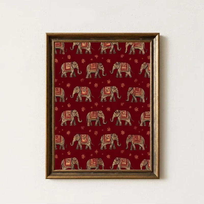 Home Decor Indonesia - Indische Olifant Patroonprint, Rode Textiel Wandkunst,