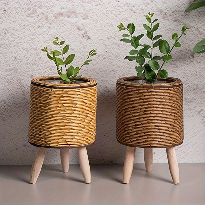 Rattan Plant Basket - Charmante Rustieke Rotan Plantenbak Met Houten